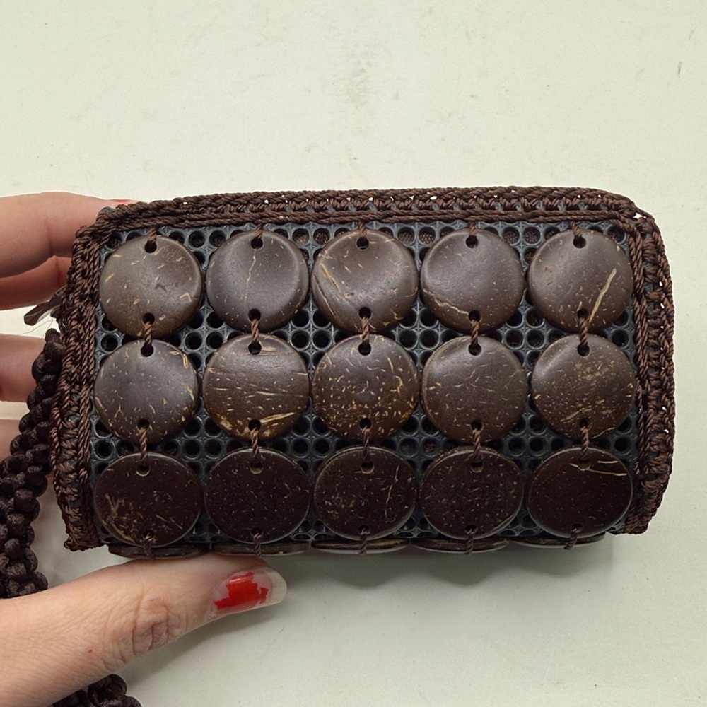 Vintage Coconut Shell Piece Wallet Zip Around Coin Purse Wristlet Brown Floral - Picture 5 of 12